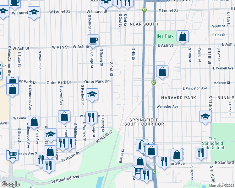 map of restaurants, bars, coffee shops, grocery stores, and more near 22 Bonnie Court in Springfield