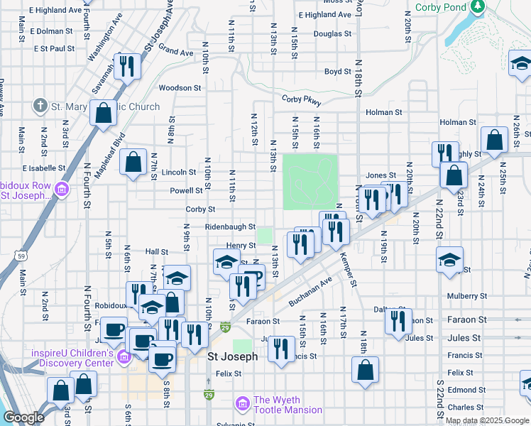 map of restaurants, bars, coffee shops, grocery stores, and more near 917 North 12th Street in Saint Joseph