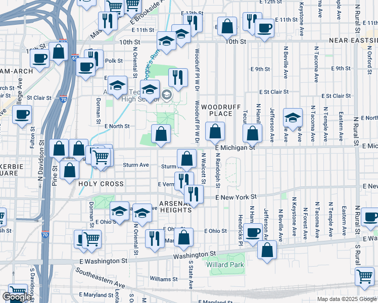 map of restaurants, bars, coffee shops, grocery stores, and more near 1617 East Michigan Street in Indianapolis