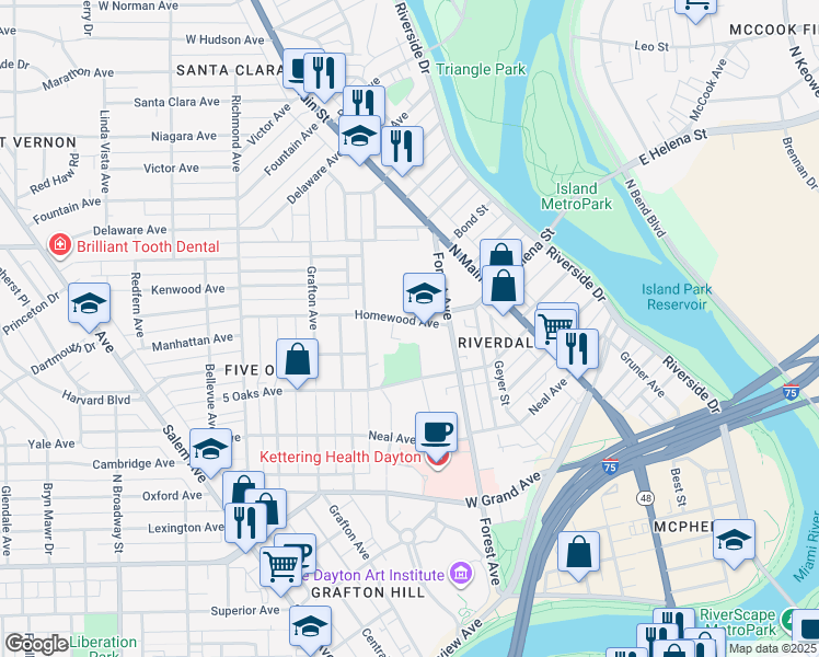 map of restaurants, bars, coffee shops, grocery stores, and more near 300 Homewood Avenue in Dayton