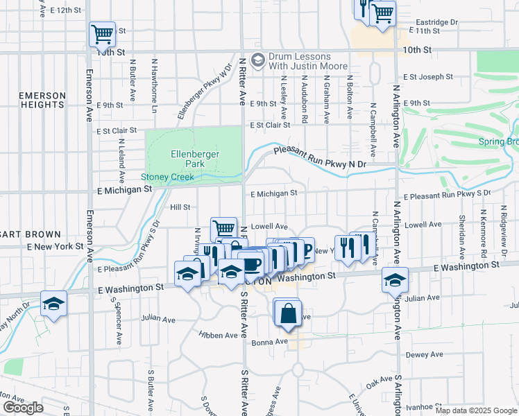 map of restaurants, bars, coffee shops, grocery stores, and more near 328 North Layman Avenue in Indianapolis