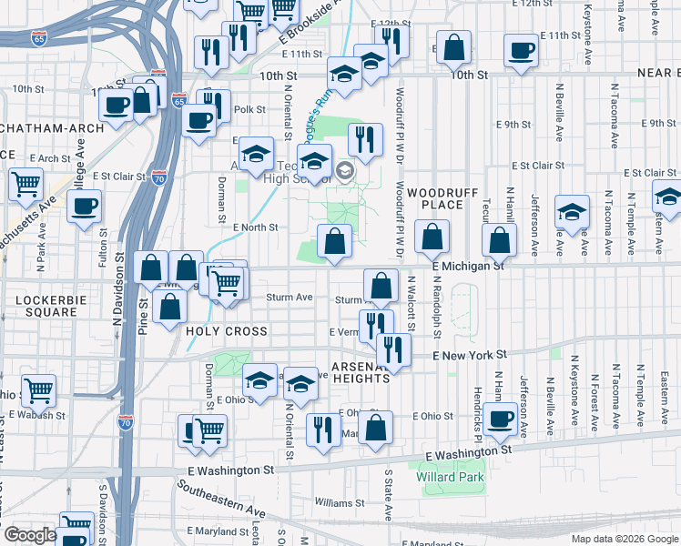 map of restaurants, bars, coffee shops, grocery stores, and more near 1515 East Michigan Street in Indianapolis