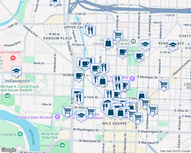 map of restaurants, bars, coffee shops, grocery stores, and more near 227 West Michigan Street in Indianapolis