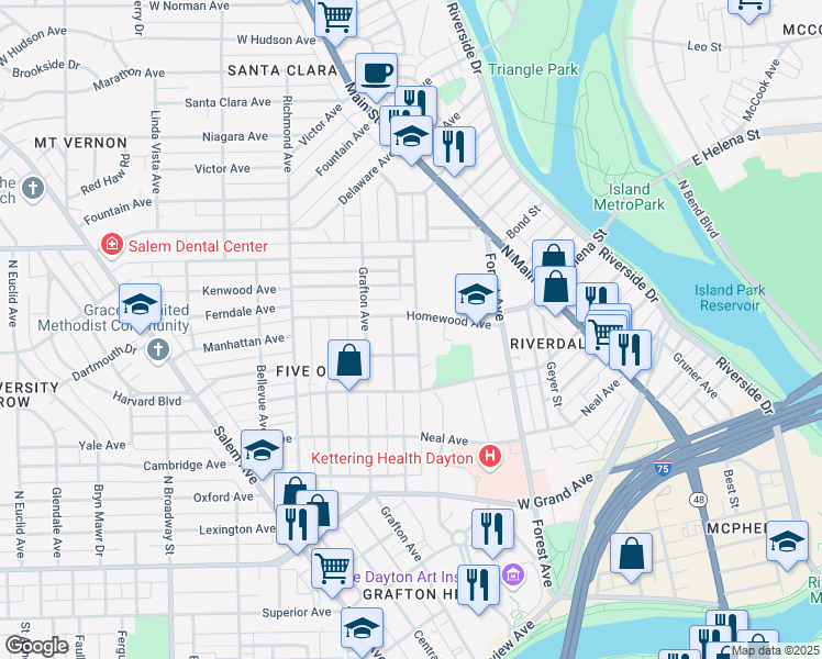 map of restaurants, bars, coffee shops, grocery stores, and more near 1029 Old Orchard Avenue in Dayton