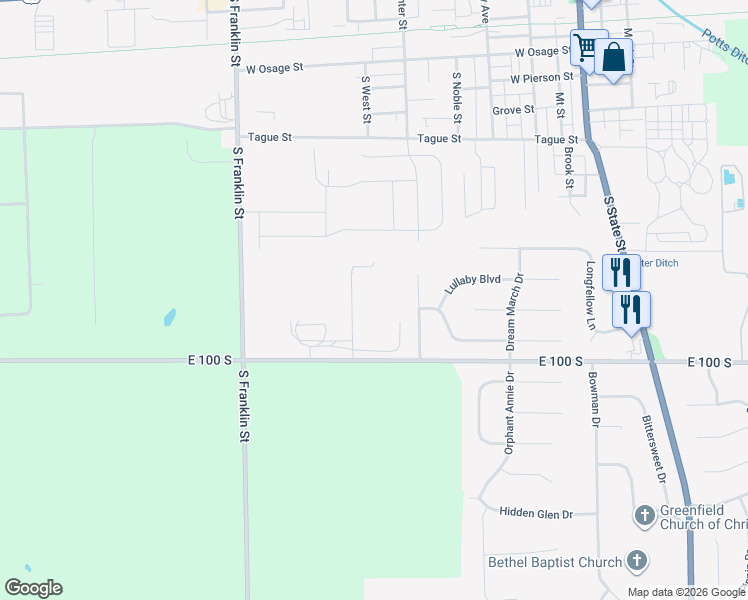 map of restaurants, bars, coffee shops, grocery stores, and more near 100 South West Street in Greenfield