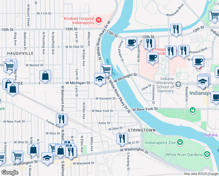 map of restaurants, bars, coffee shops, grocery stores, and more near 1534 Wilcox Street in Indianapolis