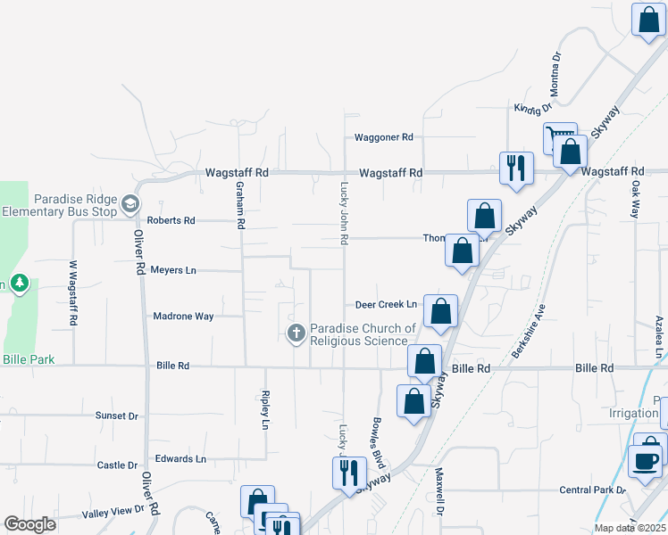 map of restaurants, bars, coffee shops, grocery stores, and more near 6371 Lucky John Road in Paradise
