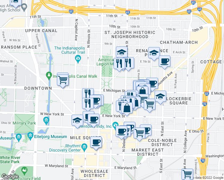 map of restaurants, bars, coffee shops, grocery stores, and more near 8 East Michigan Street in Indianapolis