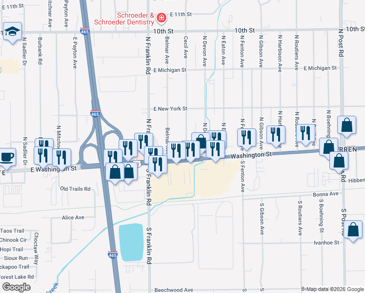 map of restaurants, bars, coffee shops, grocery stores, and more near 44 Cecil Avenue in Indianapolis