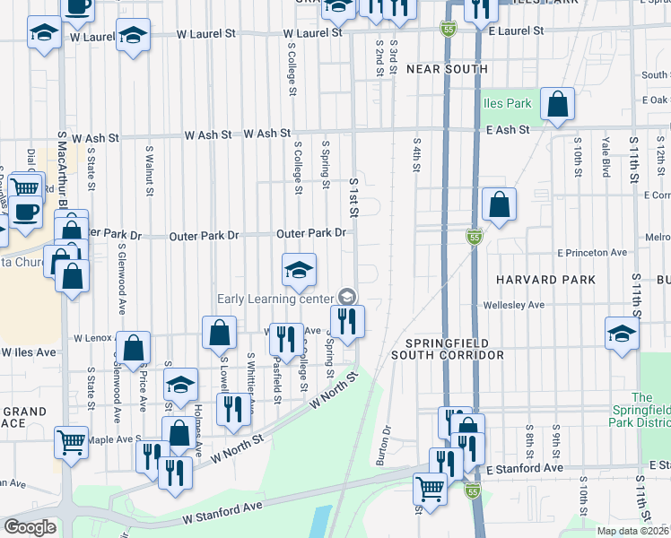map of restaurants, bars, coffee shops, grocery stores, and more near 2332 South Spring Street in Springfield