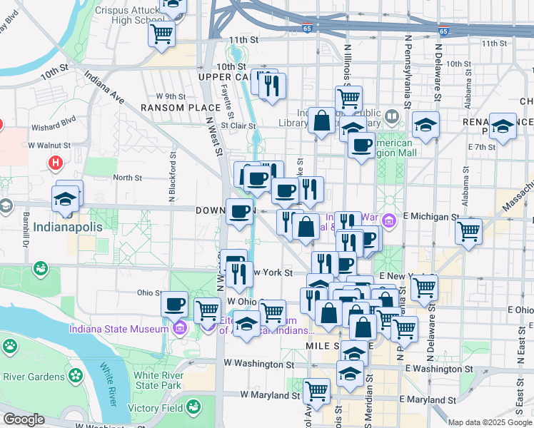 map of restaurants, bars, coffee shops, grocery stores, and more near 317 West Michigan Street in Indianapolis