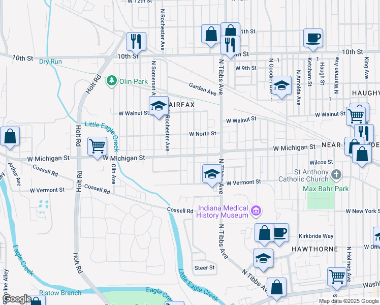 map of restaurants, bars, coffee shops, grocery stores, and more near in Indianapolis