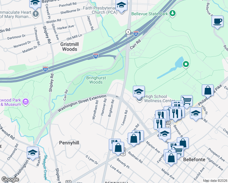 map of restaurants, bars, coffee shops, grocery stores, and more near 604 Brighton Road in Wilmington