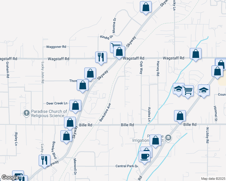 map of restaurants, bars, coffee shops, grocery stores, and more near 6288 Berkshire Avenue in Paradise