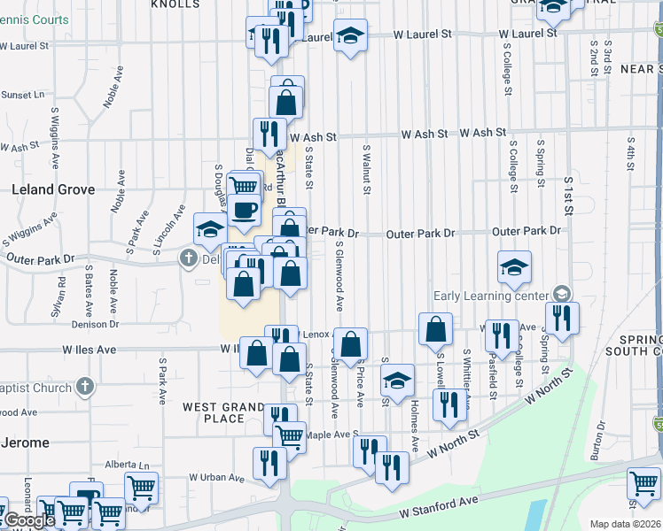 map of restaurants, bars, coffee shops, grocery stores, and more near 2325 South Glenwood Avenue in Springfield