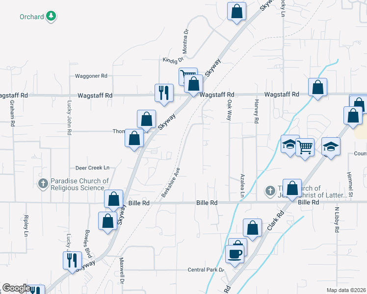 map of restaurants, bars, coffee shops, grocery stores, and more near Berkshire Avenue in Paradise