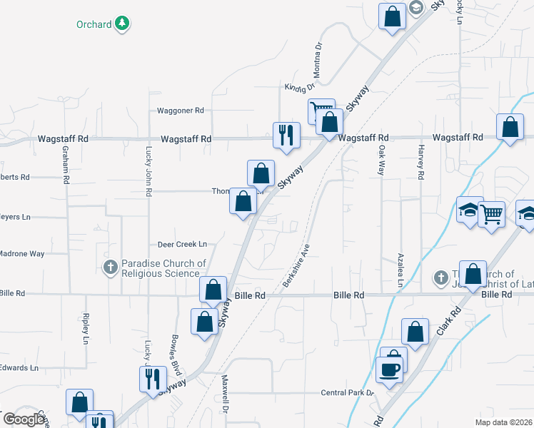 map of restaurants, bars, coffee shops, grocery stores, and more near 7874 Skyway in Paradise