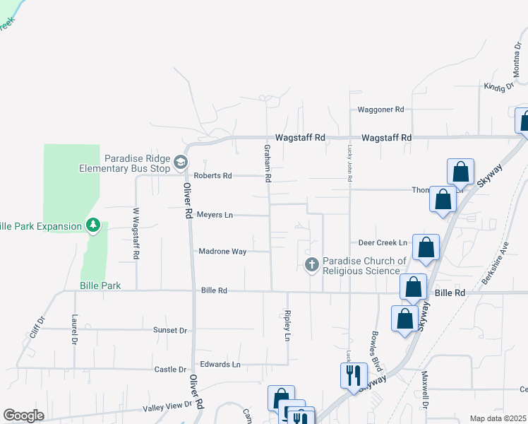 map of restaurants, bars, coffee shops, grocery stores, and more near 6301 Graham Road in Paradise