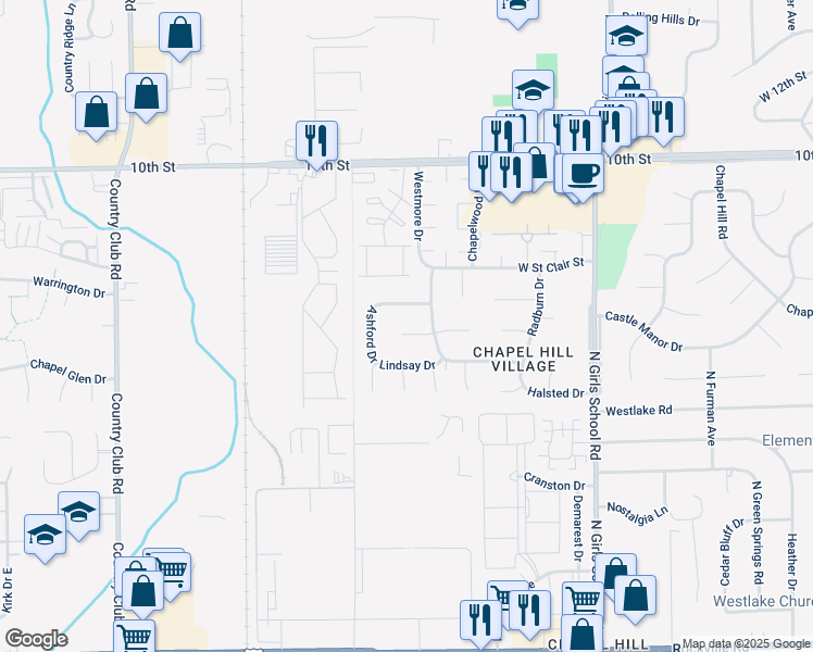 map of restaurants, bars, coffee shops, grocery stores, and more near 7638 Westmore Circle in Indianapolis