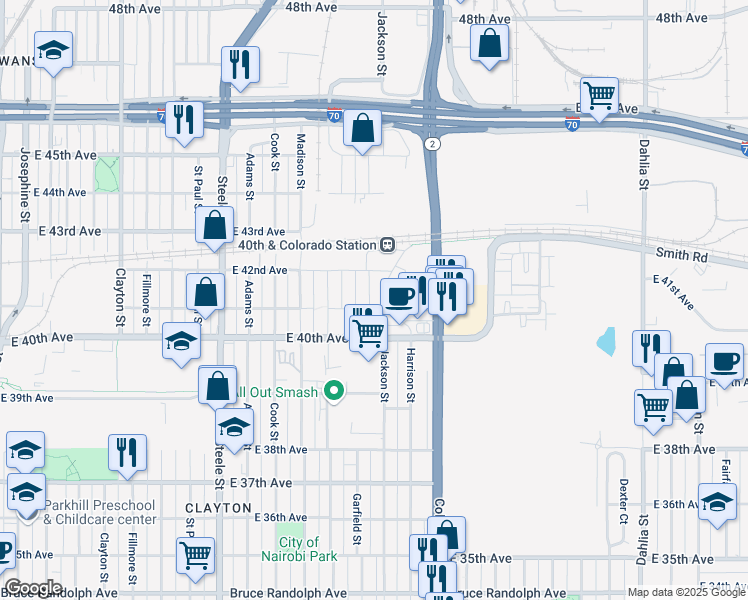 map of restaurants, bars, coffee shops, grocery stores, and more near 4105 Jackson Street in Denver