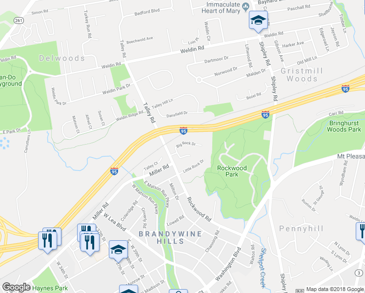 map of restaurants, bars, coffee shops, grocery stores, and more near 4604 Big Rock Drive in Wilmington