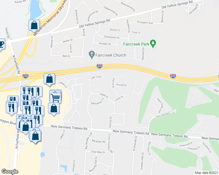 map of restaurants, bars, coffee shops, grocery stores, and more near 2947 Pascal Drive in Dayton