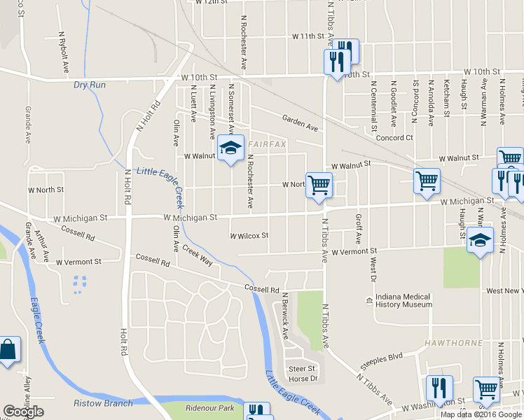 map of restaurants, bars, coffee shops, grocery stores, and more near 3538 West Michigan Street in Indianapolis