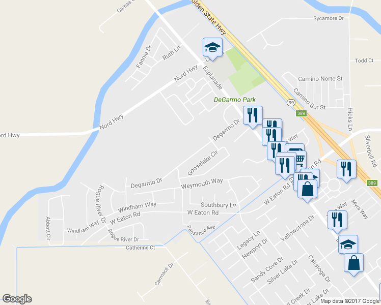 map of restaurants, bars, coffee shops, grocery stores, and more near 136 Degarmo Drive in Chico