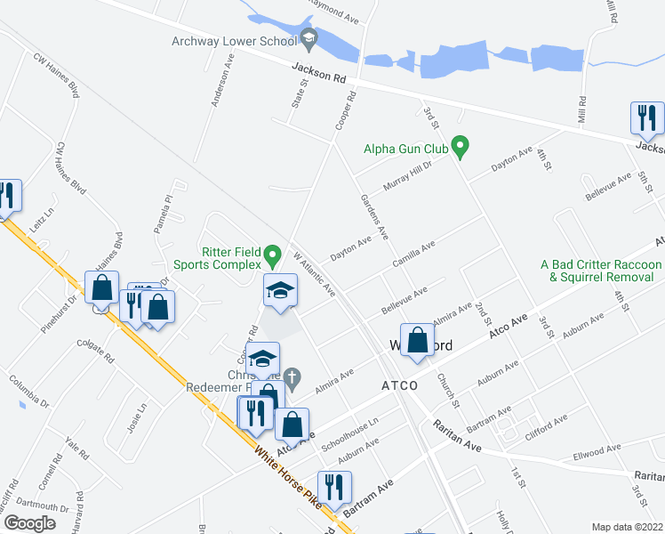 map of restaurants, bars, coffee shops, grocery stores, and more near 2231 Camilla Avenue in Atco