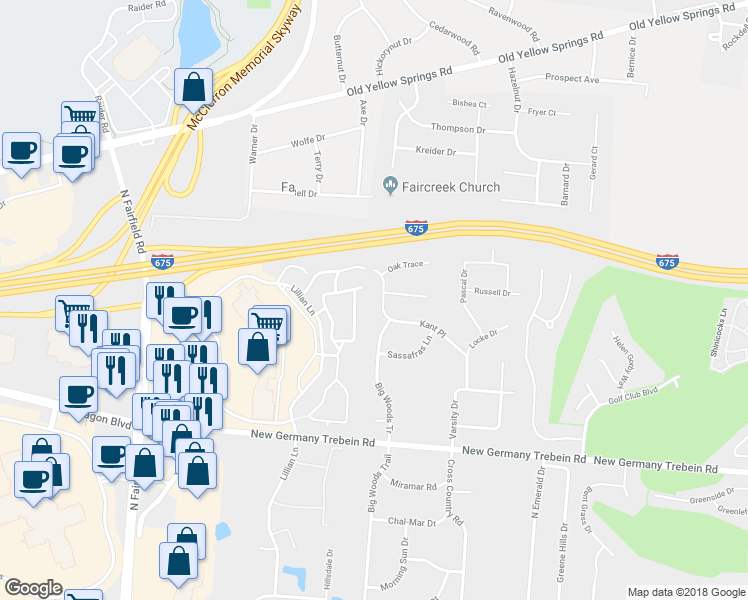 map of restaurants, bars, coffee shops, grocery stores, and more near 3015 Kant Place in Dayton