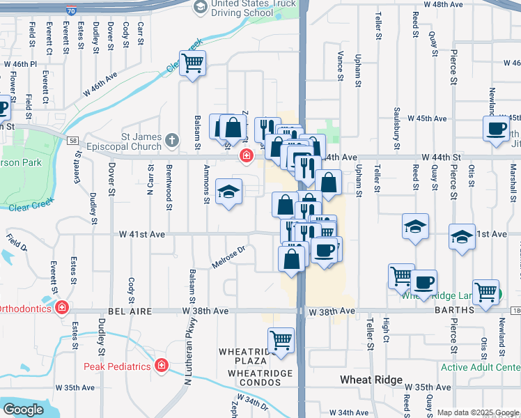 map of restaurants, bars, coffee shops, grocery stores, and more near 4160 Yarrow Court in Wheat Ridge