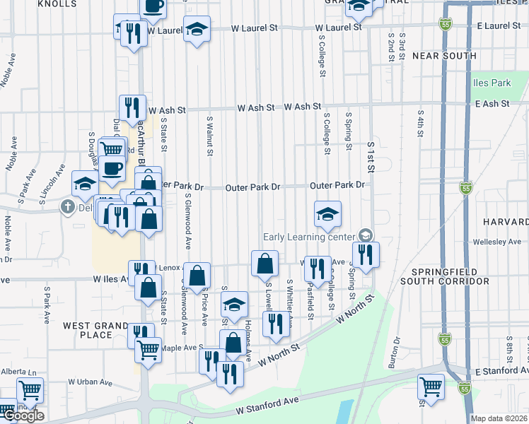 map of restaurants, bars, coffee shops, grocery stores, and more near 2400 S Lowell Ave in Springfield