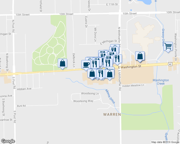 map of restaurants, bars, coffee shops, grocery stores, and more near 9755 E Washington St in Indianapolis