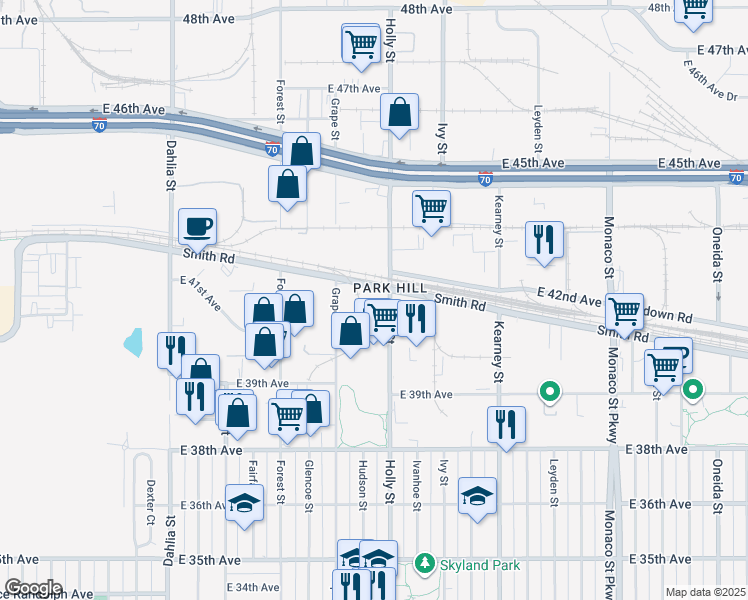 map of restaurants, bars, coffee shops, grocery stores, and more near 4105 Holly Street in Denver