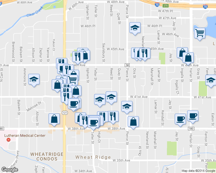 map of restaurants, bars, coffee shops, grocery stores, and more near 7005 West 42nd Avenue in Wheat Ridge