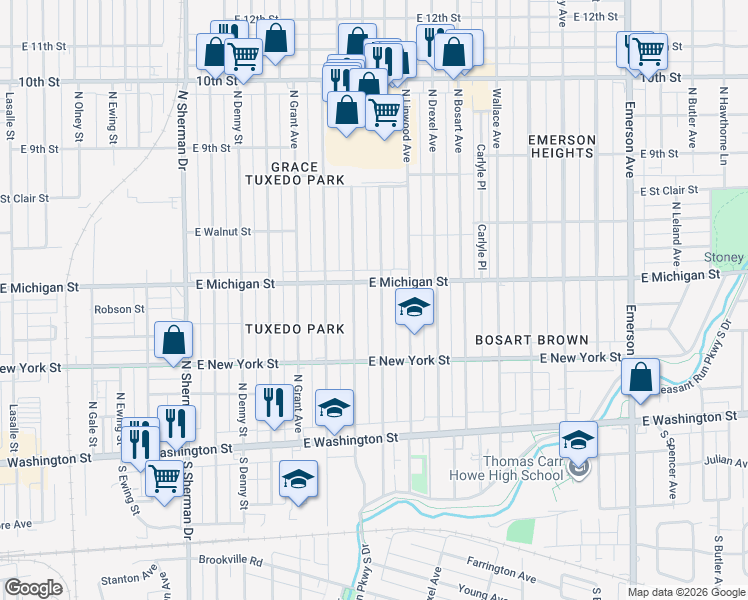 map of restaurants, bars, coffee shops, grocery stores, and more near 430 North Euclid Avenue in Indianapolis