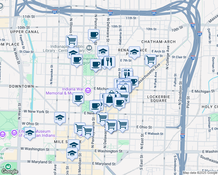 map of restaurants, bars, coffee shops, grocery stores, and more near 210 East Michigan Street in Indianapolis