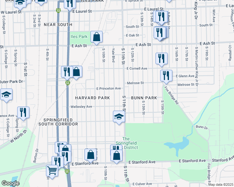 map of restaurants, bars, coffee shops, grocery stores, and more near 2316 Yale Boulevard in Springfield