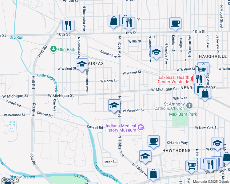 map of restaurants, bars, coffee shops, grocery stores, and more near 3425 West Michigan Street in Indianapolis