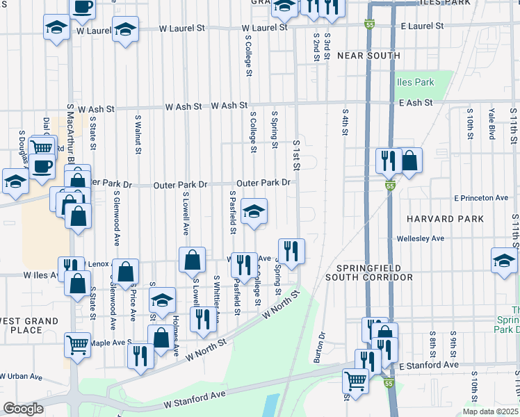 map of restaurants, bars, coffee shops, grocery stores, and more near 2400 South College Street in Springfield