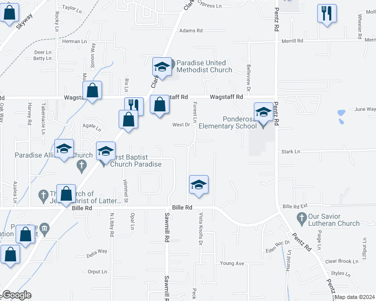 map of restaurants, bars, coffee shops, grocery stores, and more near 6279 Forest Lane in Paradise