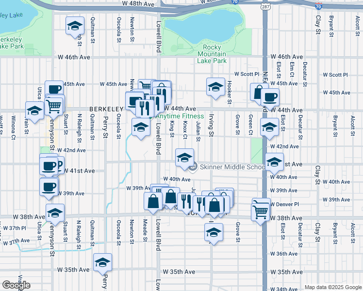 map of restaurants, bars, coffee shops, grocery stores, and more near 4140 King Street in Denver