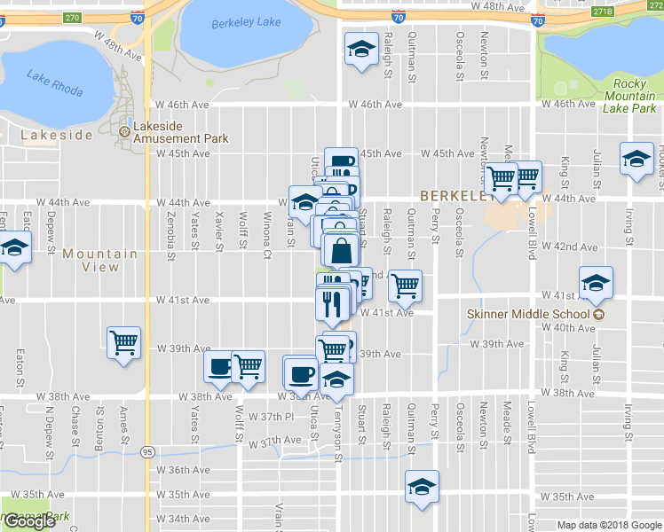 map of restaurants, bars, coffee shops, grocery stores, and more near 4161 Utica Street in Denver