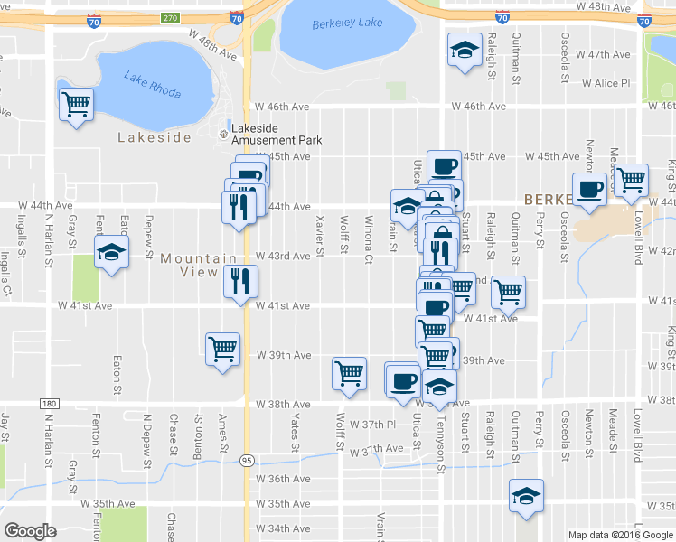 map of restaurants, bars, coffee shops, grocery stores, and more near 4154 Xavier Street in Denver