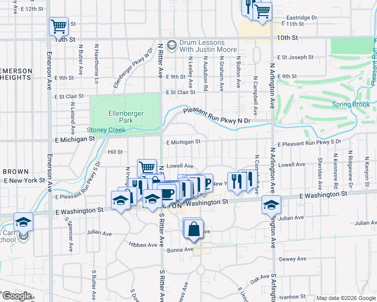 map of restaurants, bars, coffee shops, grocery stores, and more near 328 North Lesley Avenue in Indianapolis