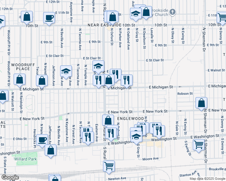 map of restaurants, bars, coffee shops, grocery stores, and more near 442 North Oxford Street in Indianapolis
