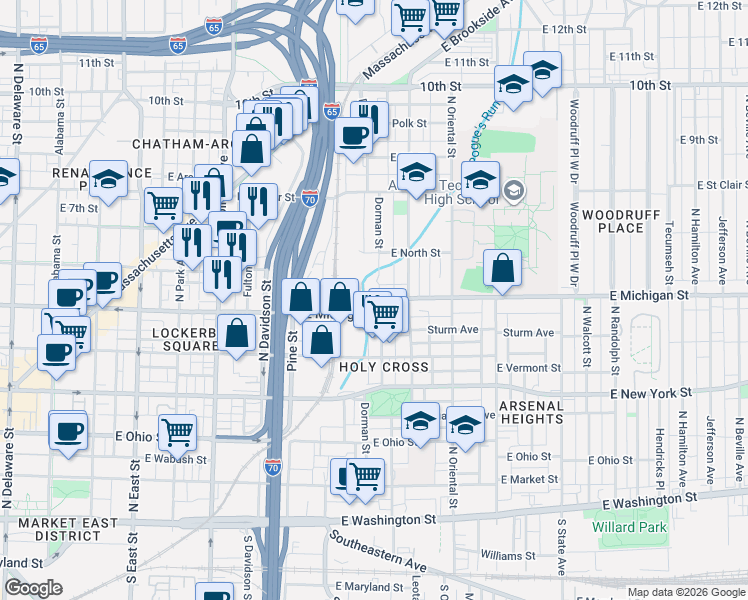 map of restaurants, bars, coffee shops, grocery stores, and more near 504 Dorman Street in Indianapolis