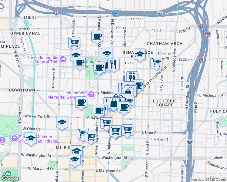 map of restaurants, bars, coffee shops, grocery stores, and more near 210 East Michigan Street in Indianapolis