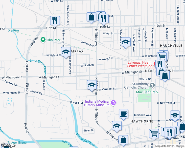 map of restaurants, bars, coffee shops, grocery stores, and more near 3425 West Michigan Street in Indianapolis