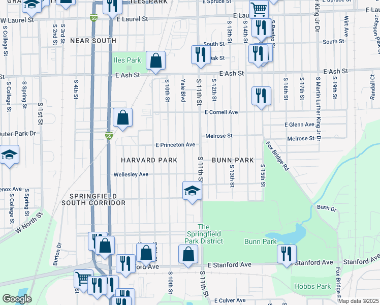 map of restaurants, bars, coffee shops, grocery stores, and more near 2321 South 11th Street in Springfield